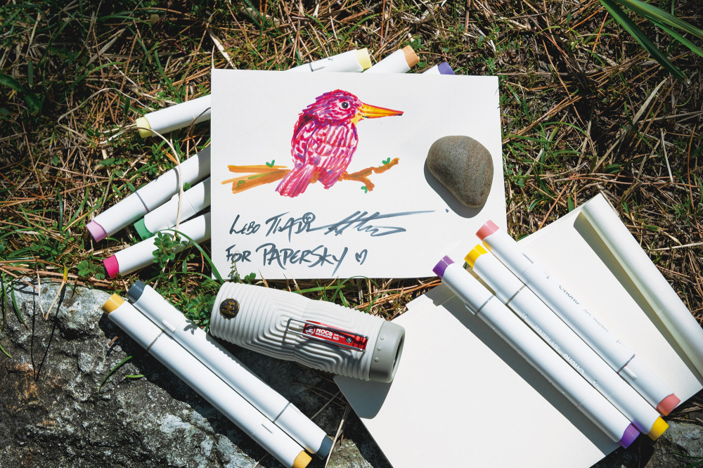 The drawing Lebo made with colored pens of the ruddy kingfisher, a forest-dwelling member of the kingfisher family known for its bright red bill. Unfortunately, it did not make an appearance today.